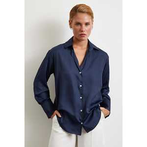 Chemise à motif diagonal pour femme, bleu marine, satin, boutonnée, classique, pour tous les jours - Product Image 6