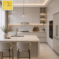 CBMMART Armoires de cuisine modulaires en placage de bois personnalisées, design bicolore, plan de travail en marbre artificiel, îlot avec robinet cascade