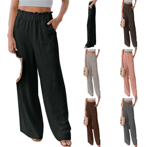 Pantalon décontracté taille haute pour femme, taille XL, personnalisé, nouveau modèle 2026, jambe large, volants, poches, taille élastique, respirant, anti-plis - Product Image 1
