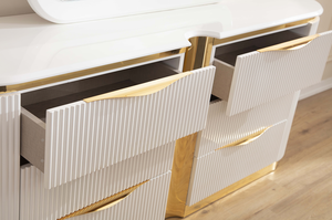 Commode moderne en bois à 6 tiroirs avec détails dorés, blanche, pour chambre à coucher (éco-responsable, comprend uniquement la commode) - Product Image 5