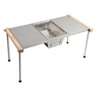 Table de pique-nique pliante en acier inoxydable pour le camping en plein air, table intégrée avec barbecue et poêle à bois
