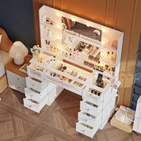 Coiffeuse de chambre moderne avec éclairage LED, 9 tiroirs, plateau en verre, 3 ampoules colorées et station de charge