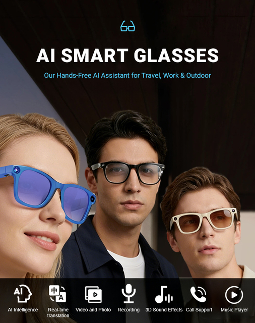 Smart Glasses Real-Time Translation Powered AI Chat Assistant 8MP HD Camera 1080P Video Dual Mics Speakers Magnetic Charging