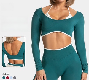 ชุดโยคะแขนยาวสำหรับผู้หญิง พร้อมแผ่นรอง ชุดเสื้อครอปออกกำลังกายแบบเปิดหลังและกางเกงเลกกิ้ง ชุดออกกำลังกายสำหรับผู้หญิงพร้อมโลโก้สั่งทำได้ - Product Image 6