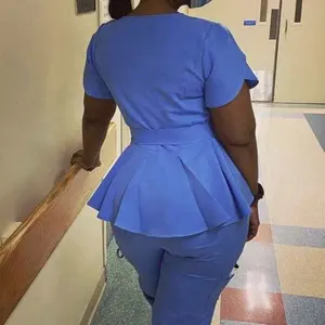 Conjuntos de uniformes médicos de hospital elegantes para mulheres, roupas de enfermeira com mangas flores, cinto com zíper frontal, saia cauda de andorinha, blusas e calças