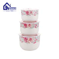 Lot de 3 bols à soupe ronds en porcelaine fine (New Bone China) avec couvercles – 290 ml, 540 ml, 930 ml – Vaisselle en céramique pour le stockage