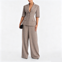 Ensemble coordonné formel de bureau pour femmes grandes tailles, motif écossais, blazer ajusté à manches trois-quarts et pantalon taille haute à jambes larges, S-6XL
