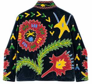 Luxury Navy Blue <b>Velvet</b> Solid Thick Winter Bomber <b>Jacket</b> <b>Women</b> Handmade Bohemian Ethnic Long Sleeve V-neck Breathable Quick Dry - Product Image 5
