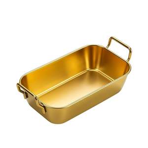 Plateau de service rectangulaire en métal doré Art Déco avec poignées, multifonctionnel pour le rangement des collations - Product Image 1