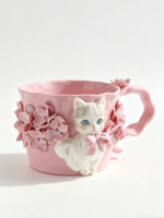 Mug Keramik 3D Kucing & Bunga Warna Pink, Cangkir Kopi Porselen Buatan Tangan dengan Gagang Bermotif Bunga untuk Pecinta Kucing