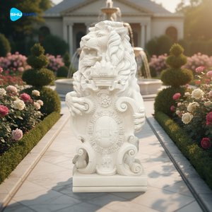 Lion en marbre décoratif avec bouclier et armoiries pour jardin extérieur et entrée d'église, design européen, fait main, garantie 5 ans - Product Image 3