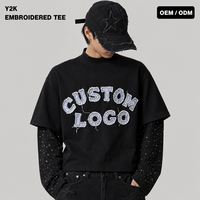 T-shirt Homme Col Montant Superposé Manches Longues en Denim avec Appliques Broderies et Strass Thermocollants Personnalisé Style Y2K Streetwear – Vente en Gros