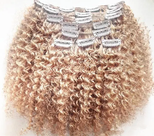 New Brazilian Clip In Human Virgin Kinky Curly Hair Extensions Remy Blonde 27# Clip In Hair Extensions 120g/set
