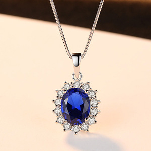 Collar de moda para mujer, collar de plata de ley S925 con piedra preciosa ovalada azul y diamantes (también se puede hacer en cobre) - Product Image 5