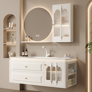 French style rock slab ceramic integrated basin intelligent LED lighting <b>mirror</b> milk oil wind storage bathroom cabinet - Product Image 3