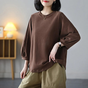 Spring Summer New Arrival Women's Loose Lantern Sleeve T-Shirt Crew Neck Solid Color Casual Three-Quarter Sleeve Top Black - Product Image 3