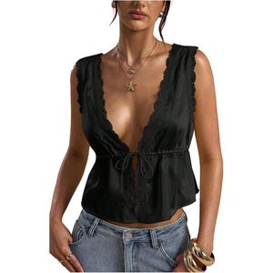 FOXA Women's Tie Front Deep V Neck Lace Trim Sleeveless Satin <b>Crop</b> <b>Top</b> - Product Image 1