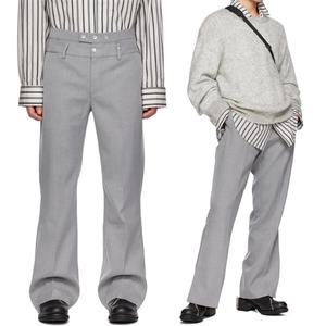 Pantalon de costume gris à taille superposée, coupe droite, plissé, en flanelle, pour homme - Product Image 1