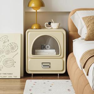 Creamy Yellow Nightstand With <b>Storage</b> <b>Drawer</b> And Glass Door For Bedroom Use - Product Image 1