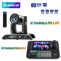 Cámara PTZ NDI 30x para Conferencias 4K, la Más Vendida, Transmisión en Vivo, POE, Pantalla LCD de 7 Pulgadas, 4 Pantallas Divididas, Controlador con Joystick y Teclado