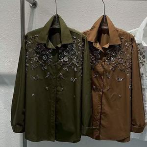 Blus Katun Bordir Payet Merek Mewah Kelas Atas Kemeja Wanita Musim Semi Musim Panas Musim Gugur Atasan Lengan Panjang Blus Wanita - Product Image 2