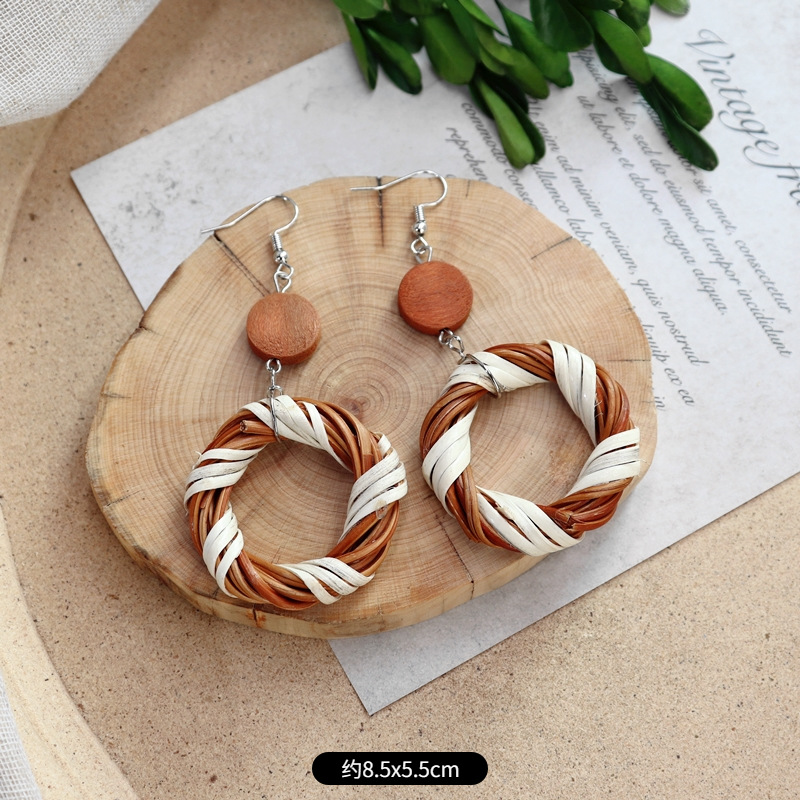 Weave Straw Double Disc Drop Earrings Boho Rattan Dangle Statement Earrings (rattan Disk Light