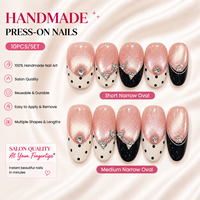Faux ongles press-on œil de chat faits main, motif pois, style français, nœud 3D, courts, moyens, ovales étroits, vente en gros, personnalisés ODM OEM