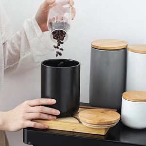Most Popular <strong>Big</strong> Capacity Matt Black White Food Kitchen Sugar Tea Coffee Storage <strong>Container</strong> Ceramic Canister Jars with Bamboo Lid