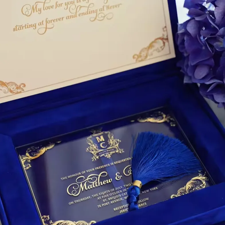 Zijden Kwast Koningsblauw Fluwelen Doos Custom Luxe Acryl Uitnodigingskaarten Bruiloft Souvenirs Zult U Mijn Bruidsmeisjes Geschenkdozen
