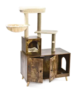 Indoor Pet Furniture Cabinet Multiple Platforms Wooden Cat Furniture Hidden Cat Washroom Litter Box Enclosure Cat Tree Tower