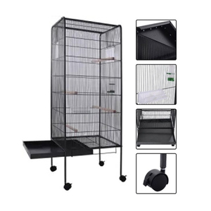 Jaula de pájaro grande de alambre de <span class=keywords><strong>metal</strong></span> negro de 4 ruedas, jaula de descanso de loro de conejo de pájaro móvil de alambre de acero sin techo - Product Image 1