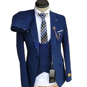 Completo da Uomo a Pois Blu Scuro, <span class=keywords><strong>Blazer</strong></span> con Risvolto a Punta, Set Formale Casual da Cerimonia, Smoking 3 Pezzi (<span class=keywords><strong>Giacca</strong></span>, Gilet, Pantaloni) - Product Image 1