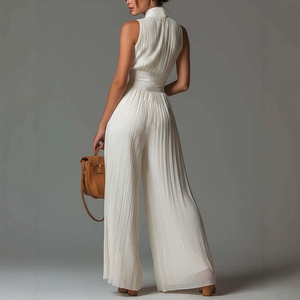 <span class=keywords><strong>Tuta</strong></span> Elegante da Donna Senza Maniche con Colletto Alto, Zip Frontale, Scollo a V Profondo, Gamba Larga <span class=keywords><strong>Plissettata</strong></span>, per Feste Formali - Product Image 5