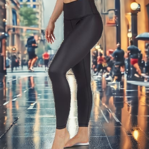 Mid Waist Full Length Seamless Waterproof Yoga <b>Leggings</b> Solid <b>Black</b> <b>Leather</b> Elastic Waist Closure Women's - Product Image 2