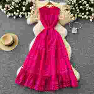 Vestido Maxi Casual de Verano con Cuello Redondo para Mujer, Sin Mangas, Estilo Imperio, Bordado, Calado, Encaje, Transpirable y Ecológico - Product Image 4