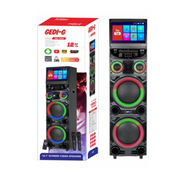 OEM GD-1415 Touch Screen 120W Karaoke Speaker Dual 12-Inch Wooden Aux for RGB LED Party Speaker MIC DJ Video Playback
