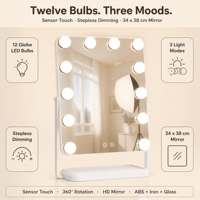 Miroir de maquillage éclairé en bois blanc avec lumières, 34 cm, rotation à 360°, 3 modes de couleur, variateur d'intensité, capteur tactile