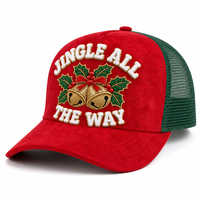 Casquettes de camionneur à 5 panneaux en maille de daim brodées, motif sapin de Noël, neige et plantes persistantes, pour l'hiver, avec visière incurvée