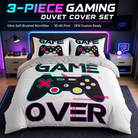 Set Sprei Gaming 3-Piece, Set Sprei Microfiber Motif Gamepad dengan Ritsleting & Tali Pengikat di Sudut untuk Kamar Tidur Remaja Laki-laki