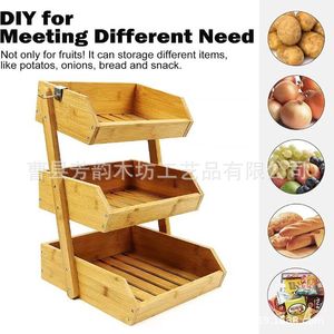 Cesta de frutas de madera maciza de tres niveles con ganchos para almacenamiento en la cocina, ecológica, de forma rectangular - Product Image 4