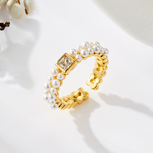 Faux Pearl Double Row <b>Open</b> <b>Ring</b> Geometric Shape Bezel Setting Adjustable Index Finger <b>Ring</b> Everyday Wear - Product Image 1