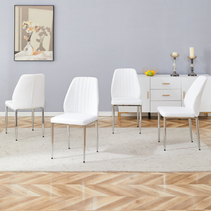 Set quattro comode sedie da pranzo in PU bianco con schienale esteso gambe in metallo argentato per vari luoghi, tra cui ristoranti per famiglie