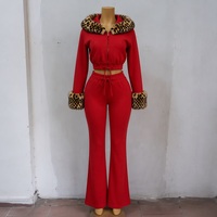 Nouvel ensemble de survêtement pour femme, hiver, Noël, imprimé léopard, fausse fourrure, à capuche, 2 pièces, sweat à capuche court zippé + pantalon évasé coordonné