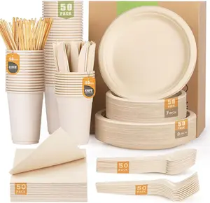Biodegradable Compostable Dinner Set Disposable Sugarcane Bagasse Tableware Paper Plates Cutlery and Napkins for Party