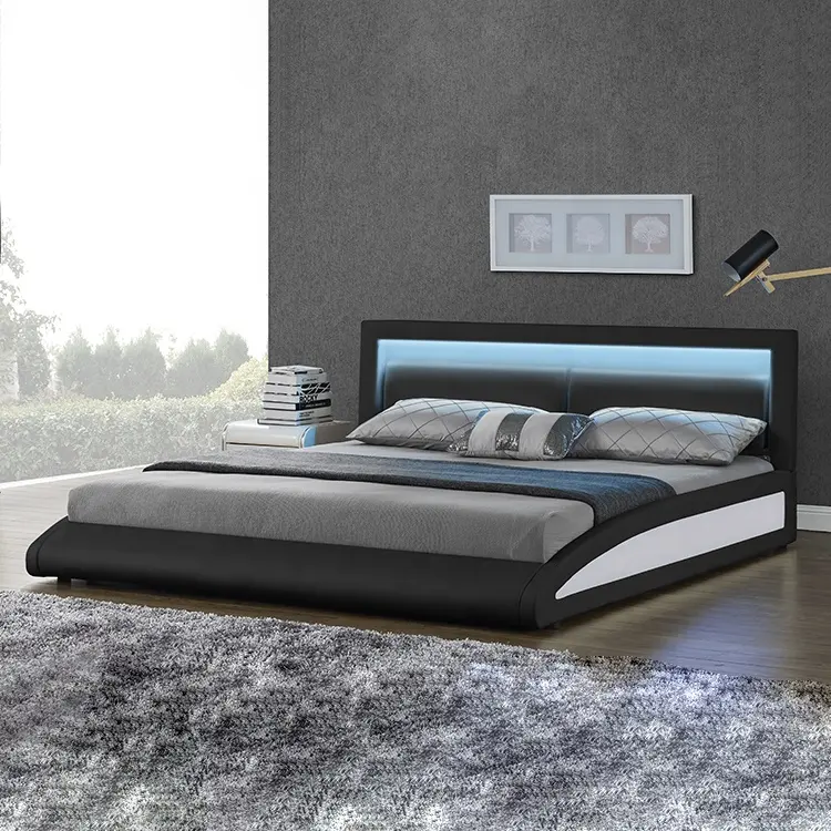 Willsoon, venta al por mayor, cama king size de piel sintética de diseño curvo europeo con luz LED inteligente, cama personalizada, marco de cama queen moderna