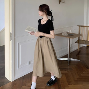 French Style Chic V Neck Elastic Waist Patchwork Dress For Women Summer Casual Daily Wear Khaki Solid Color - Product Image 2