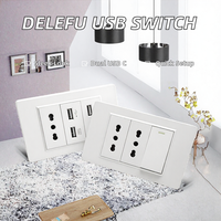 DELEFU 118 Type PC Noir Prise murale italienne double USB Type-C avec logo, interrupteur d'alimentation 2 gangs 2 voies durable 10A, panneau de prise encastré