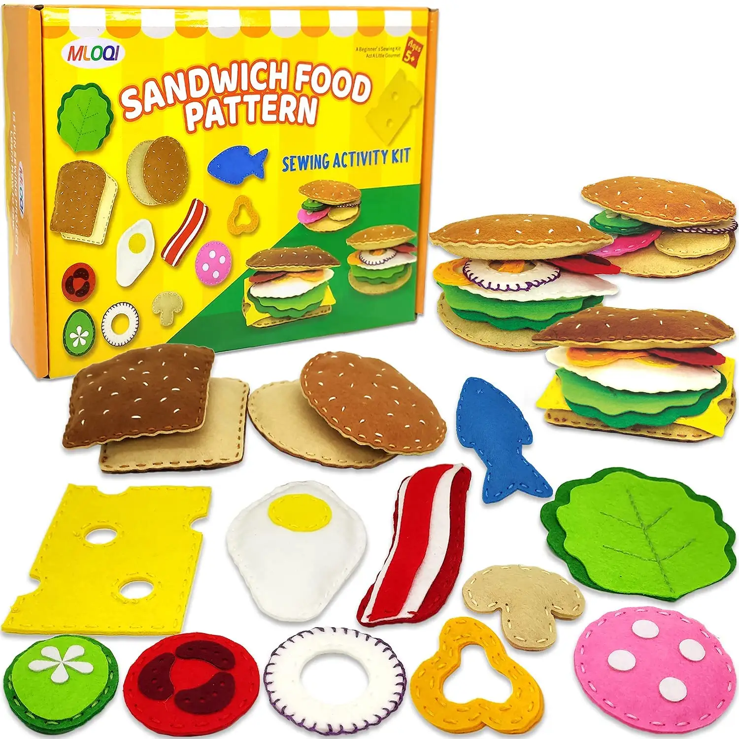 Pre Cut Felt Food Sandwich Arts and Crafts Set Sewing Kit with 15 Sewing DIY Activity Kits Project for Beginner Kids Sensory Toy