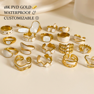 แหวนสแตนเลส 304 ชุบทอง 18K PVD แบบขายส่ง ปรับขนาดได้ กันน้ำ <span class=keywords><strong>แฟ</strong></span>ชั่นเครื่องประดับรูปดอกทานตะวัน หัวใจ เปลือกหอย สำหรับผู้หญิง - Product Image 1