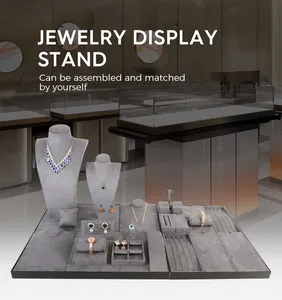 Grey Jewelry Display Packaging Metal Velvet Microfiber Suede Jewelry Display Stand Set For Jewellery Cabinets Window